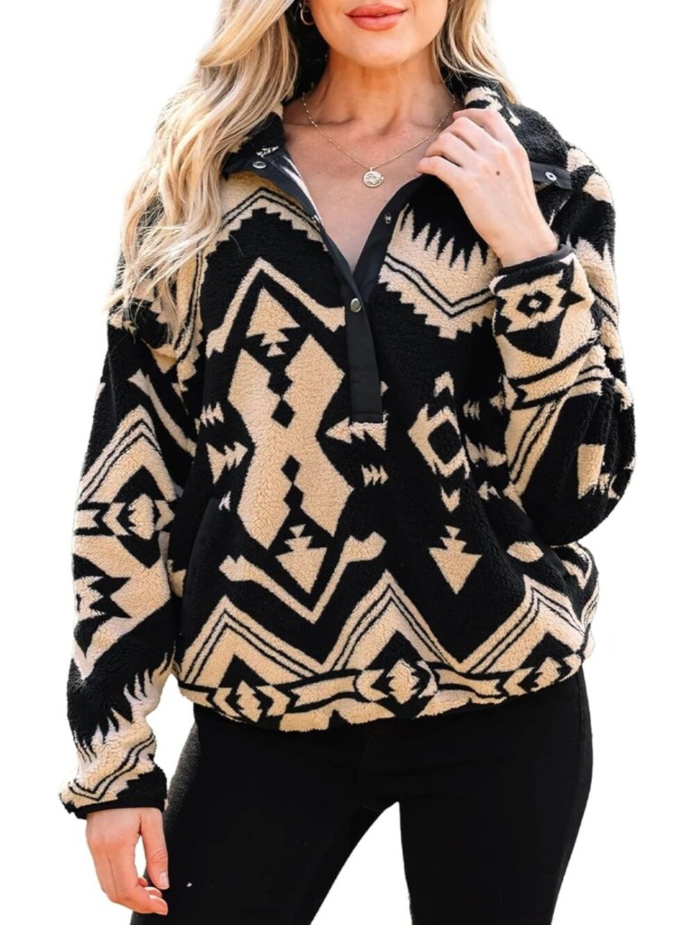 Cozy Aztec Fleece Sweatshirt for Women | Long Sleeve Half Placket Top
